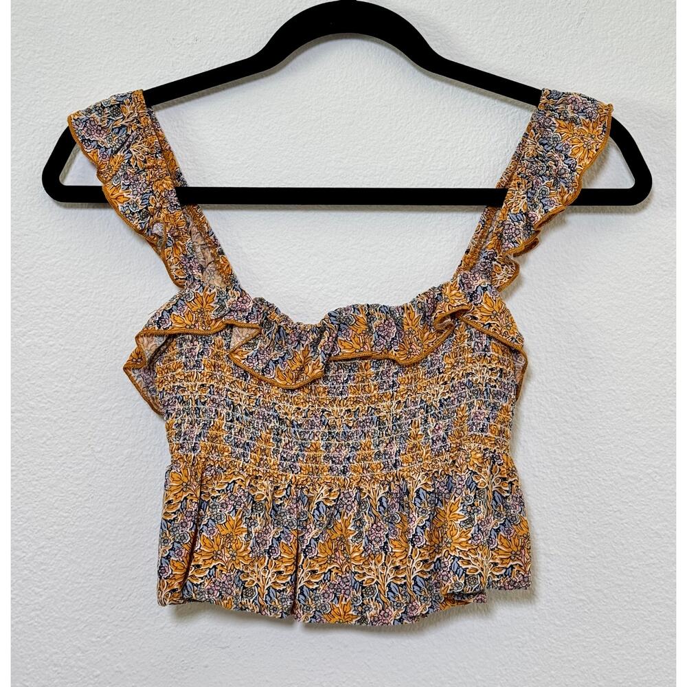 Natural Life Smocked Floral Ruffle Crop Tank Mustard / Blue S / M Boho Hippie